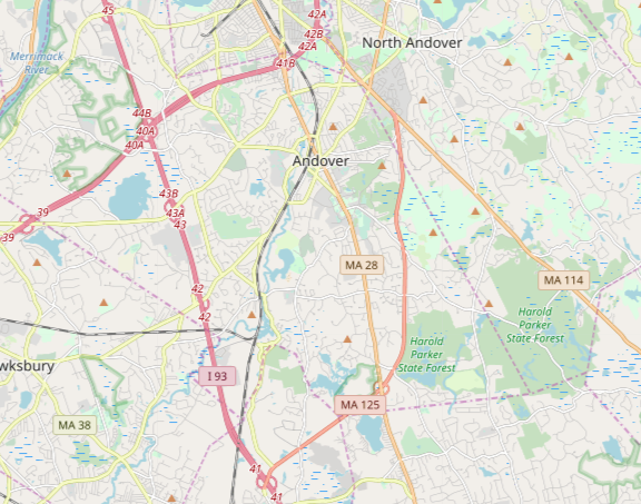 Map of Highways in Andover, Massachusetts