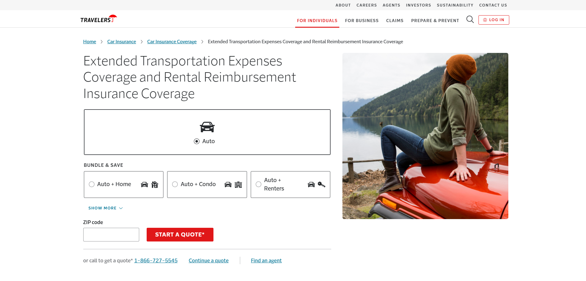 Does Travelers offer rental car coverage?: Travelers Site Screenshot